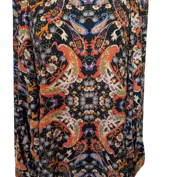 Belle & Sky Bird Paisley Blouse Womens Size Large Black Knotted Tie Front - Picture 4 of 14